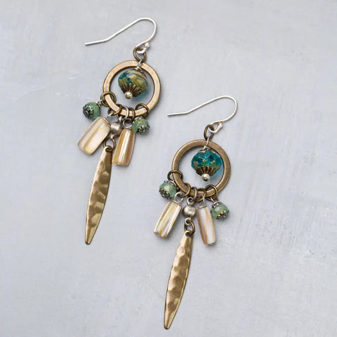 Anne Vaughan Venetian Dreams Antique Brass Hoop with Hammered Brass Long Spike Abalone Shell and Czech Glass Statement Earrings