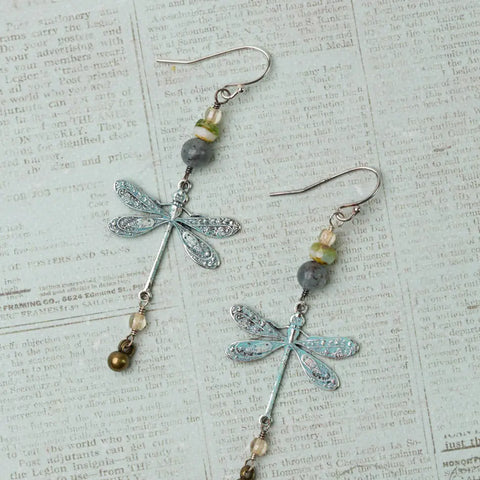 Anne Vaughan Wisdom Within Kyanite, Czech Glass with Patina Antique Silver Dragonfly Cluster Earrings