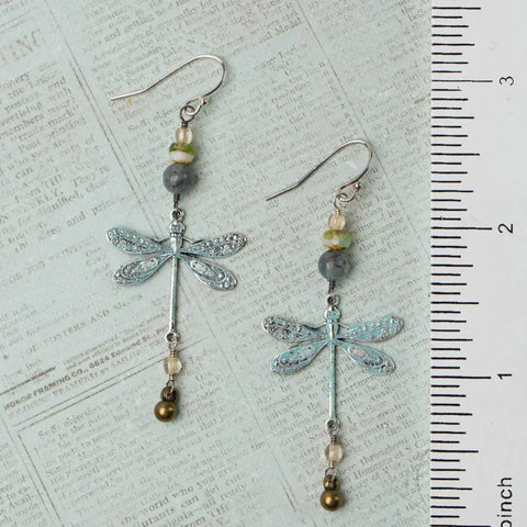 Anne Vaughan Wisdom Within Kyanite, Czech Glass with Patina Antique Silver Dragonfly Cluster Earrings