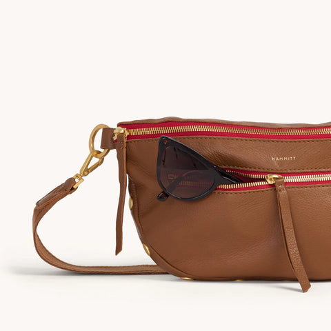 Hammitt Charles Crossbody Mahogany Pebble/Brushed Gold Red Zip
