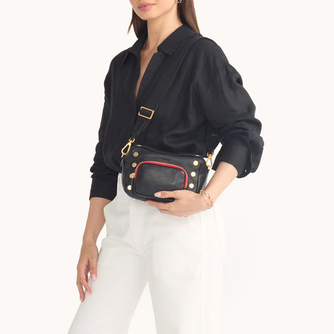 Hammitt Evan Crossbody Small Cargo Black/Brushed Gold Red Zip Crossbody