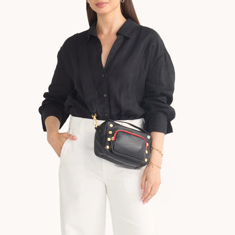 Hammitt Evan Crossbody Small Cargo Black/Brushed Gold Red Zip Crossbody