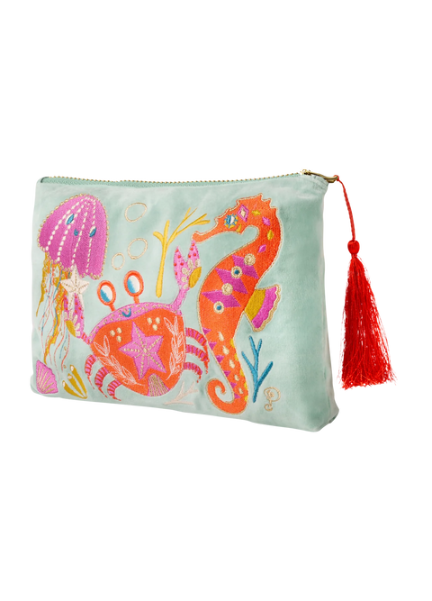 Powder Velvet Zip Pouch - Seashore Friends Aqua