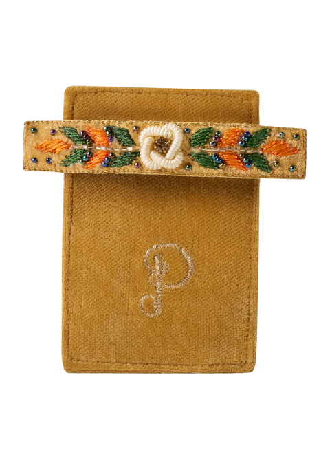Powder Embroidered Barette - Mustard Floral Vine