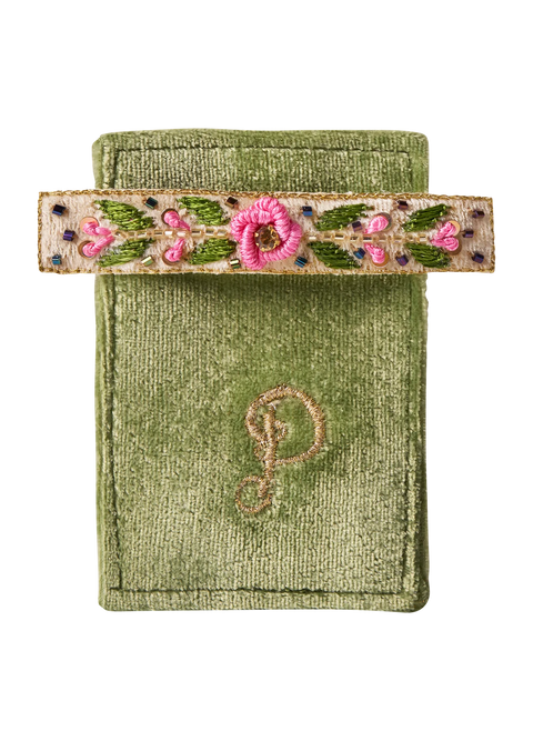 Powder Embroidered Barette - Mint Floral Vine