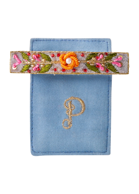 Powder Embroidered Barette - Denim Floral Vine