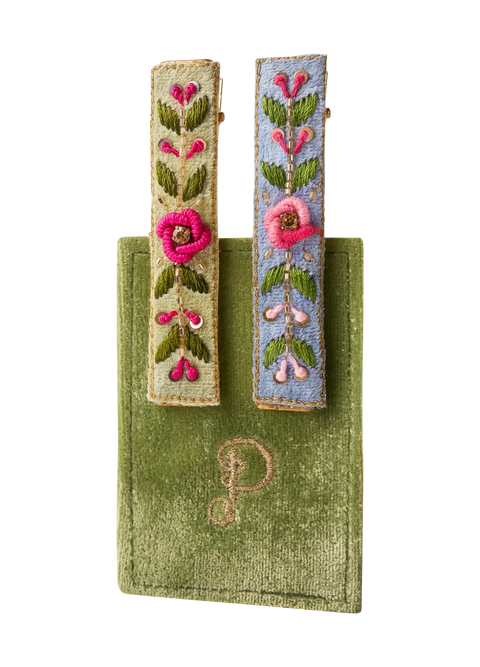 Powder Embroidered Barettes - Mint/Cornflower Floral Vines