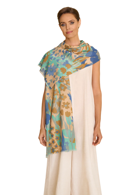 Powder Cotton Scarf - Springtime Floral Denim Blue