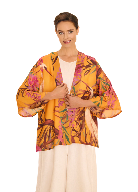 Powder Kimono Jacket - Oriental Crane Ochre Yellow