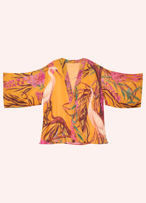 Powder Kimono Jacket - Oriental Crane Ochre Yellow