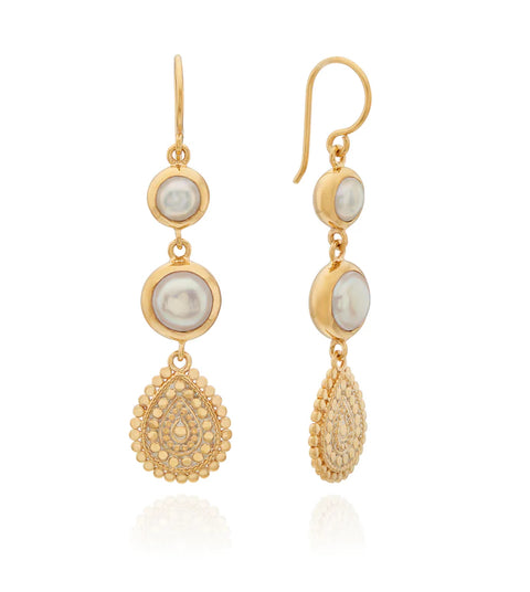 Anna Beck Pearl Scalloped Triple Drop Earrings - Gold