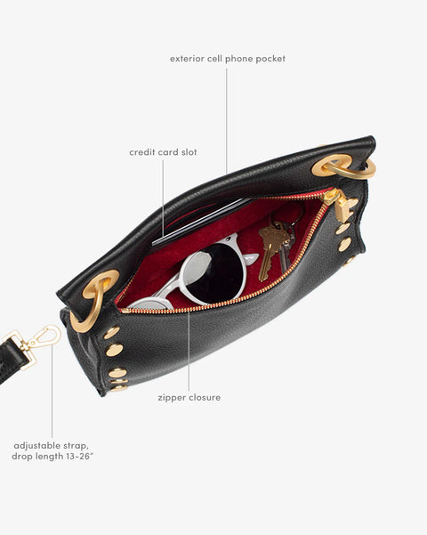 Hammitt Tony Medium Black Brushed Gold Red Zip Leather Crossbody