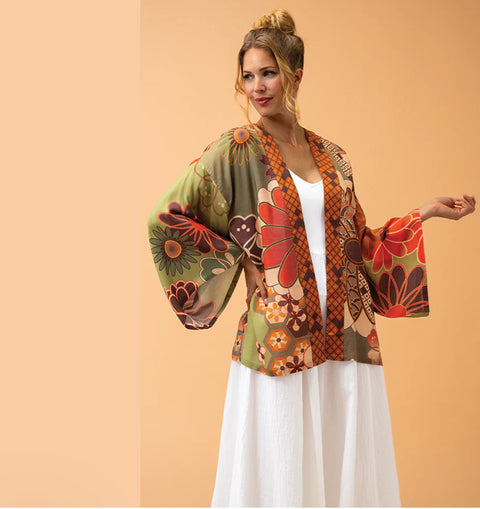 Powder 70’s Kaleidoscope Floral Kimono Jacket in Sage
