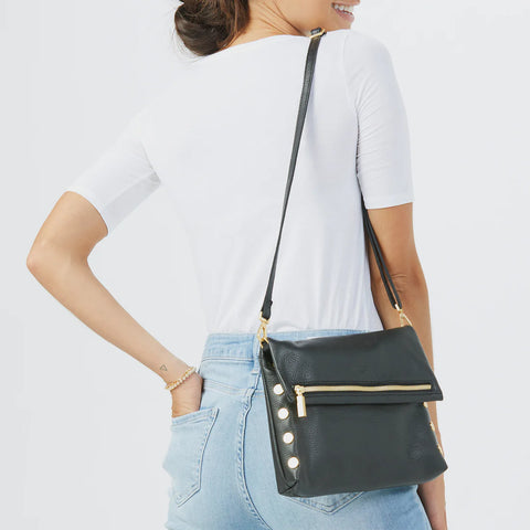 Hammitt VIP Medium Black Brushed Gold Leather Crossbody Clutch