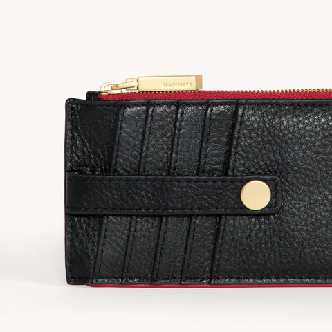 Hammitt 210 West Black Brushed Gold Red Zip Leather Wallet