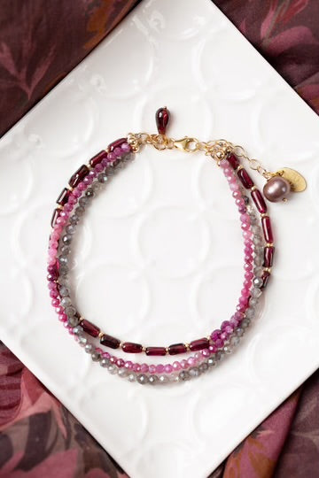 ANNE VAUGHAN DECADENCE 8-9" RUBY, MOONSTONE, GARNET, LABRADORITE MULTISTRAND BRACELET