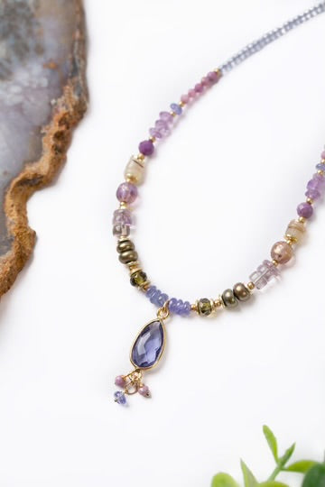 ANNE VAUGHAN HYDRANGEA 17-19" AMETHYST, SHELL, PEARL WITH TANZANITE QUARTZ COLLAGE NECKLACE