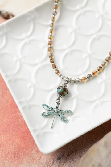 ANNE VAUGHAN LAKESIDE 27.25-29.25" CZECH GLASS, PATINA DRAGONFLY FOCAL NECKLACE