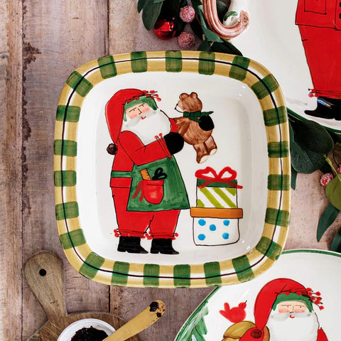 NEW Vietri Old St. Nick Small Rimmed Square Platter With Teddy Bear
