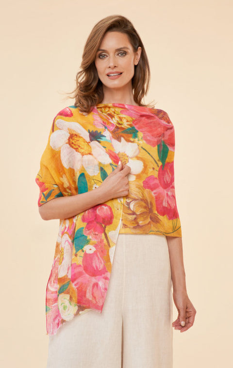 Powder Impressionist Floral Linen Scarf - Mustard