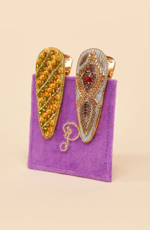 Powder Jewelled Hair Clips (Set of 2) - Feather & Stripe