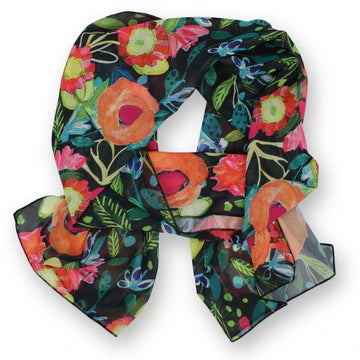 Dana Herbert Garden on Black Chiffon Poly Scarf