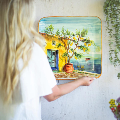 NEW Vietri Landscape Wall Plates Large Square Platter With Lemon Tree