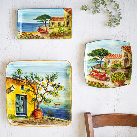 NEW Vietri Landscape Wall Plates Square Platter With Boat