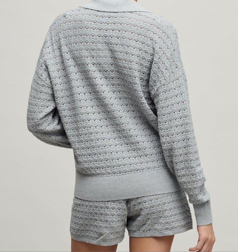 Barefoot Dreams Heathered Cotton Tulip Pointelle Collared Pullover - Heathered Frost