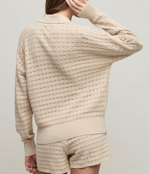 Barefoot Dreams Heathered Cotton Tulip Pointelle Collared Pullover - Heathered Stone