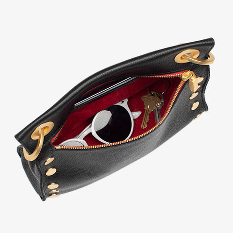 Hammitt Tony Medium Black Brushed Gold Red Zip Leather Crossbody
