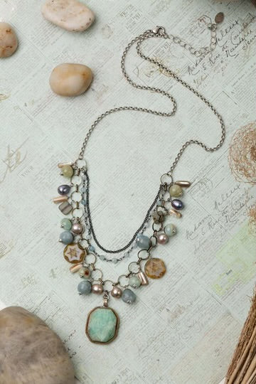 Anne Vaughan Venetian Dreams 22-24" Freshwater Pearl, Aquamarine, Abalone Shell With Faceted Amazonite Pendant Statement Necklace