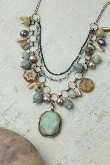 Anne Vaughan Venetian Dreams 22-24" Freshwater Pearl, Aquamarine, Abalone Shell With Faceted Amazonite Pendant Statement Necklace