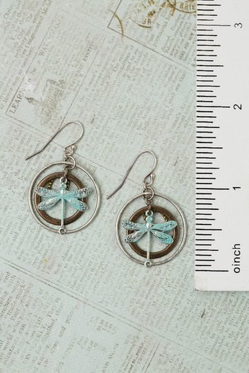 Anne Vaughan Wisdom Within Patina Antique Silver Dragonfly Hoop Earrings
