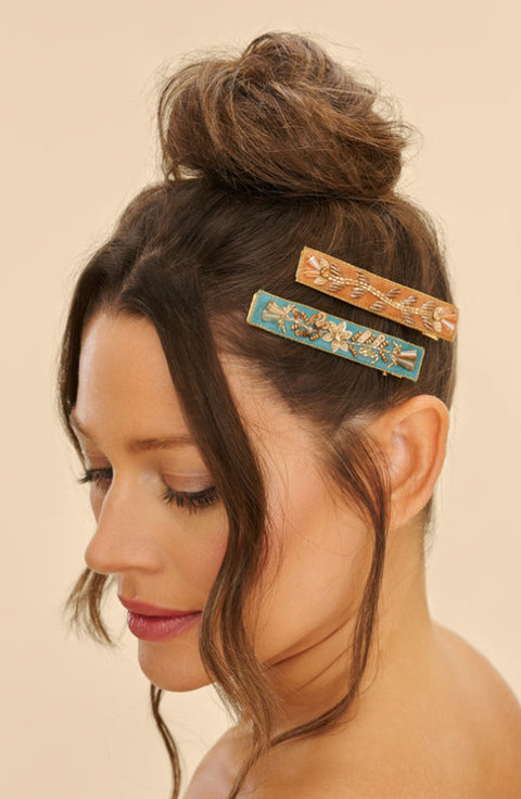 Powder Narrow Jewelled Hair Bar (Set of 2) - Floral Vines, Turquoise and Mustard