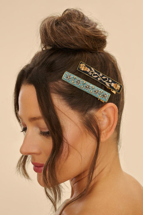 Powder Narrow Jewelled Hair Bar (Set of 2) - Ribbon and Strike, Sage & Coral