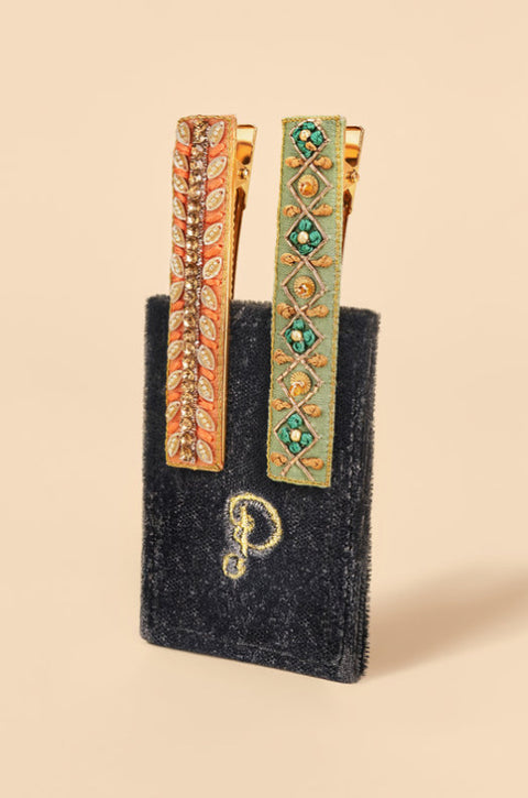 Powder Narrow Jewelled Hair Bar (Set of 2) - Ribbon and Strike, Sage & Coral