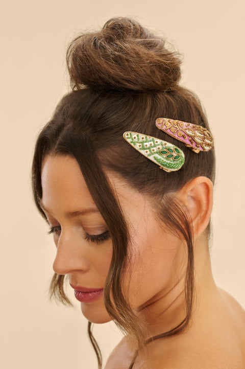 Powder Jewelled Hair Clips (Set of 2) - Asymmetric leaf and Feather, Sage & Lilac