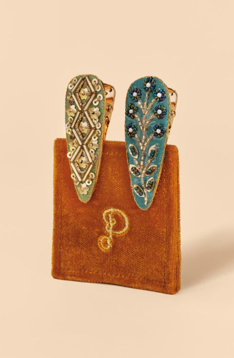 Powder Jewelled Hair Clips (Set of 2) - Tile and Wheat, Sage & Teal