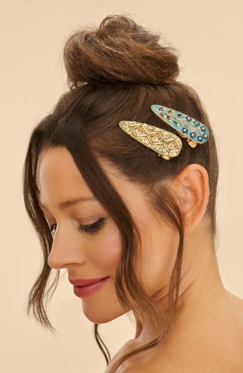 Powder Jewelled Hair Clips (Set of 2) - Tile and Wheat, Sage & Teal