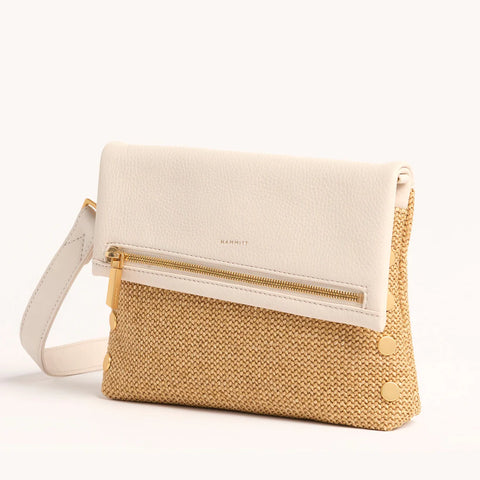 Hammitt VIP Medium Calla Lily White Raffia/Brushed Gold Crossbody Clutch