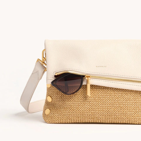 Hammitt VIP Medium Calla Lily White Raffia/Brushed Gold Crossbody Clutch