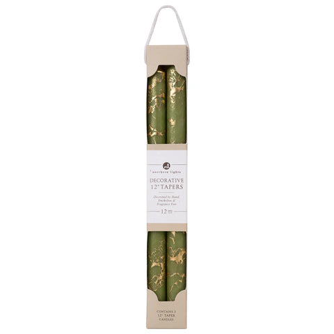 Northern Lights 12" Decorative Tapers Moss Green with Gold - 2 Pack