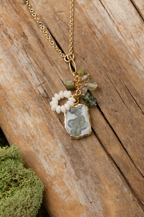 ANNE VAUGHAN Pur009N PURITY 15-17" PREHNITE, MOONSTONE, TOURMALINE WITH GREEN MOSS AGATE CLUSTER NECKLACE