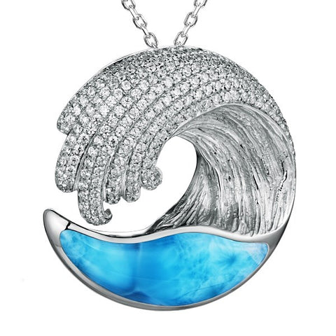 Alamea Large SS Wave Pendant Necklace with Larimar & Pave