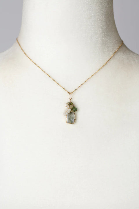 ANNE VAUGHAN  PURITY 15-17" PREHNITE, MOONSTONE, TOURMALINE WITH GREEN MOSS AGATE CLUSTER NECKLACE