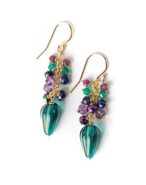 MASQUERADE GREEN ONYX, RUBY, LAPIS DANGLE EARRINGS