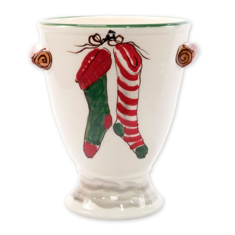 VIETRI OLD ST NICK FOOTED URN WITH CHIMNEY & STOCKINGS